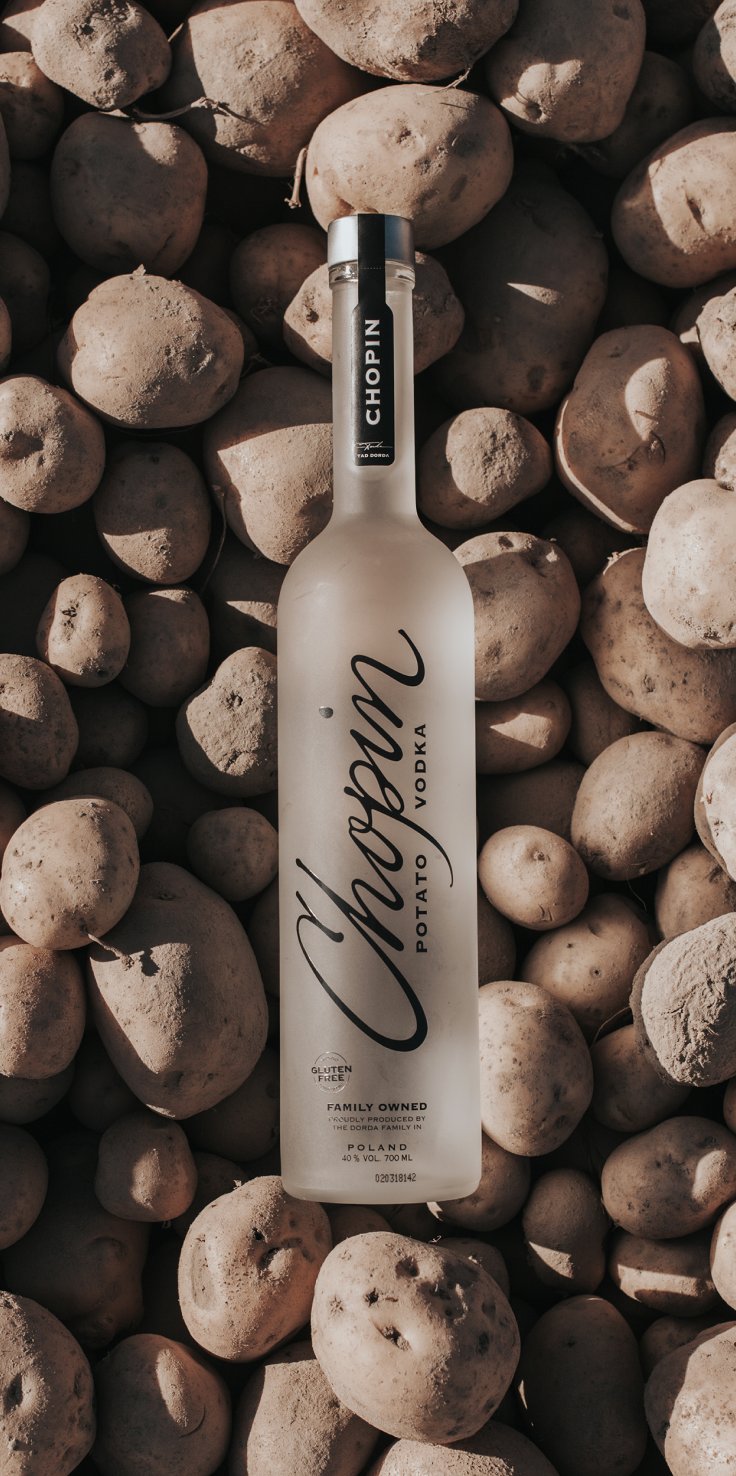 A bottle of Chopin Rye Vodka in the distillery