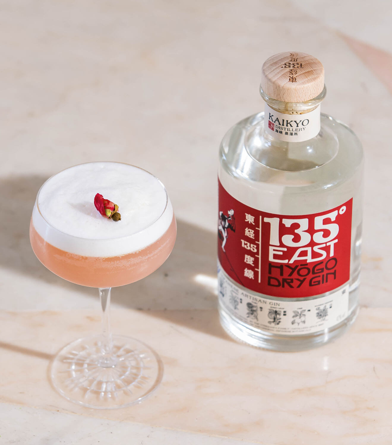Longitude Line, cocktail and bottle, 135 east gin