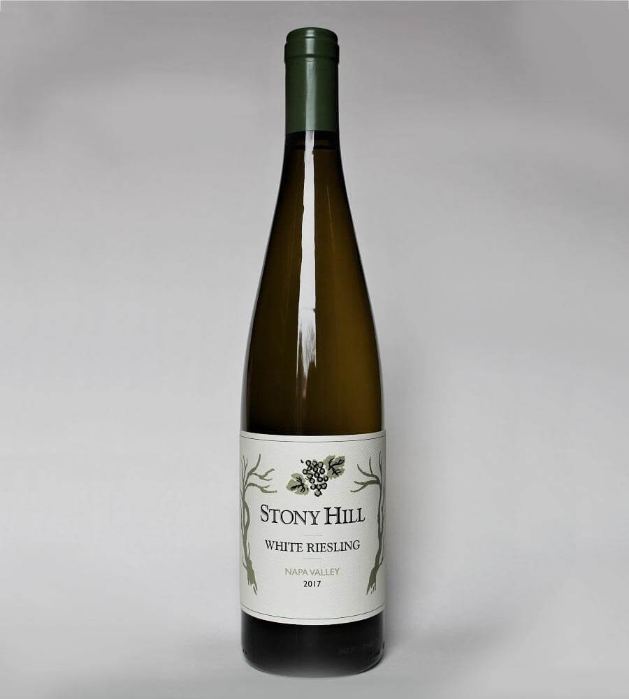 2017 Stony Hill White Riesling, bottle on grey background