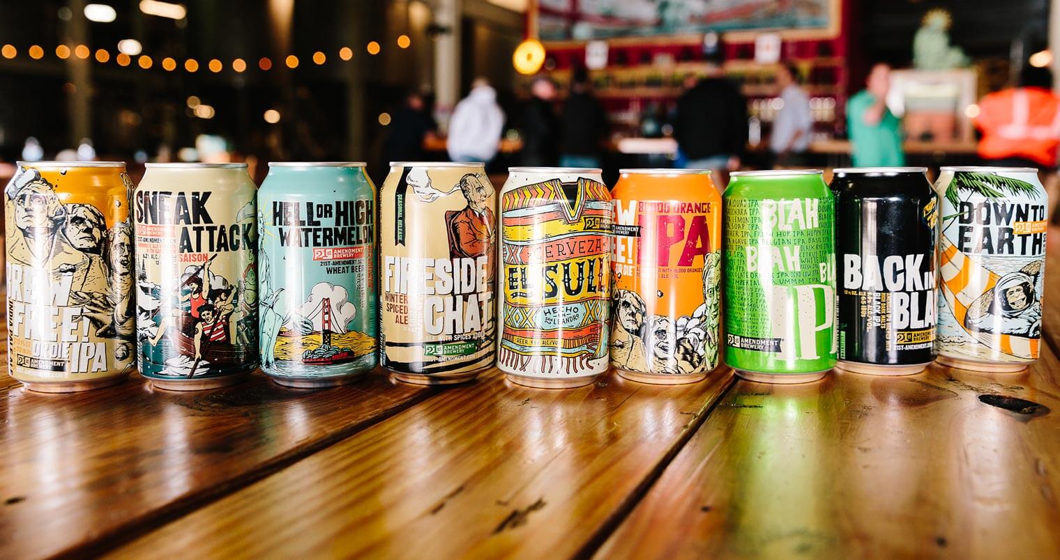 21st Amendment Brewery Lineup, cans on bartop featured image