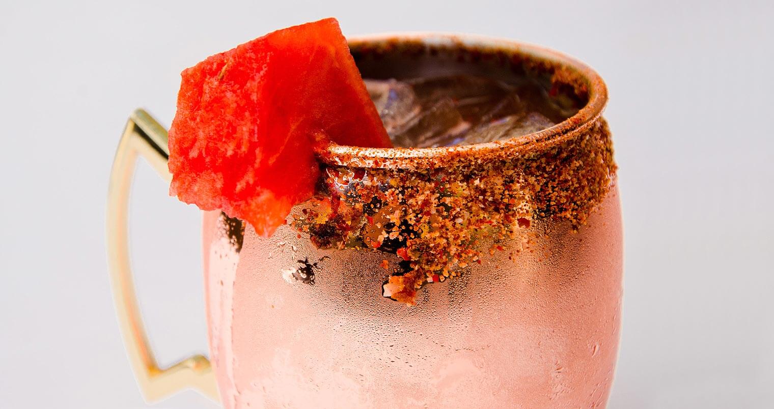 Copper Pot, cocktail in mule mug, watermelon garnish, featured image