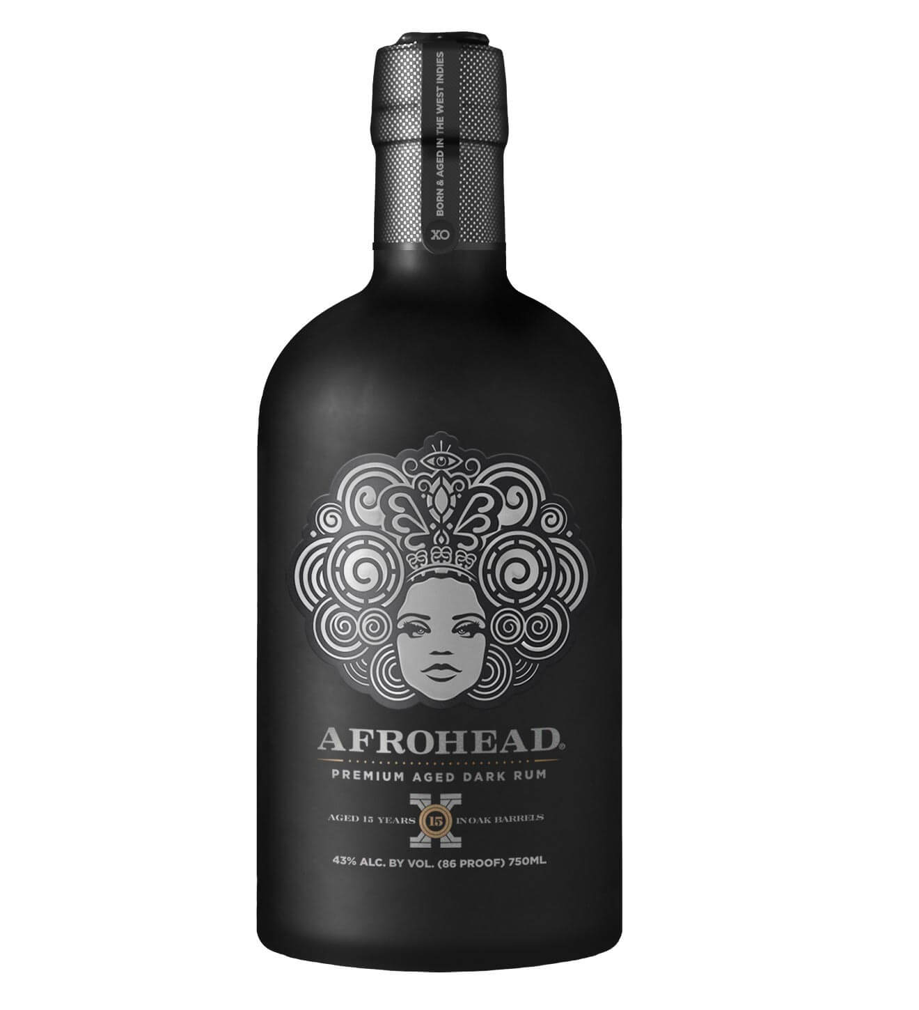 Afrohead Premium Aged Dark Rum, black bottle on white