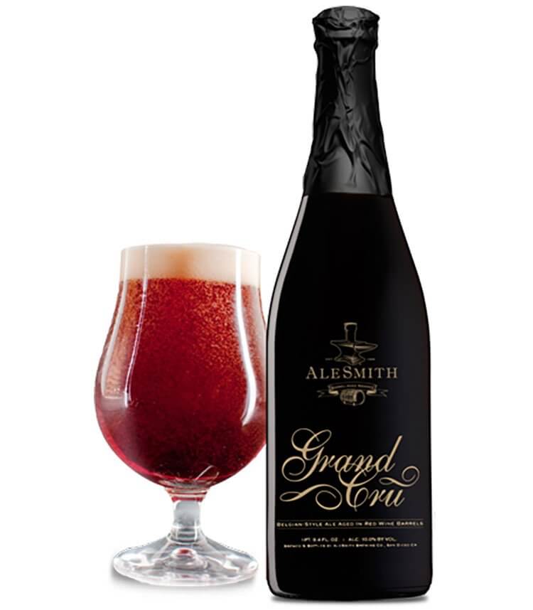 Alesmith Barrel-Aged Grand Cru Belgian Style Ale, glass and bottle, white background