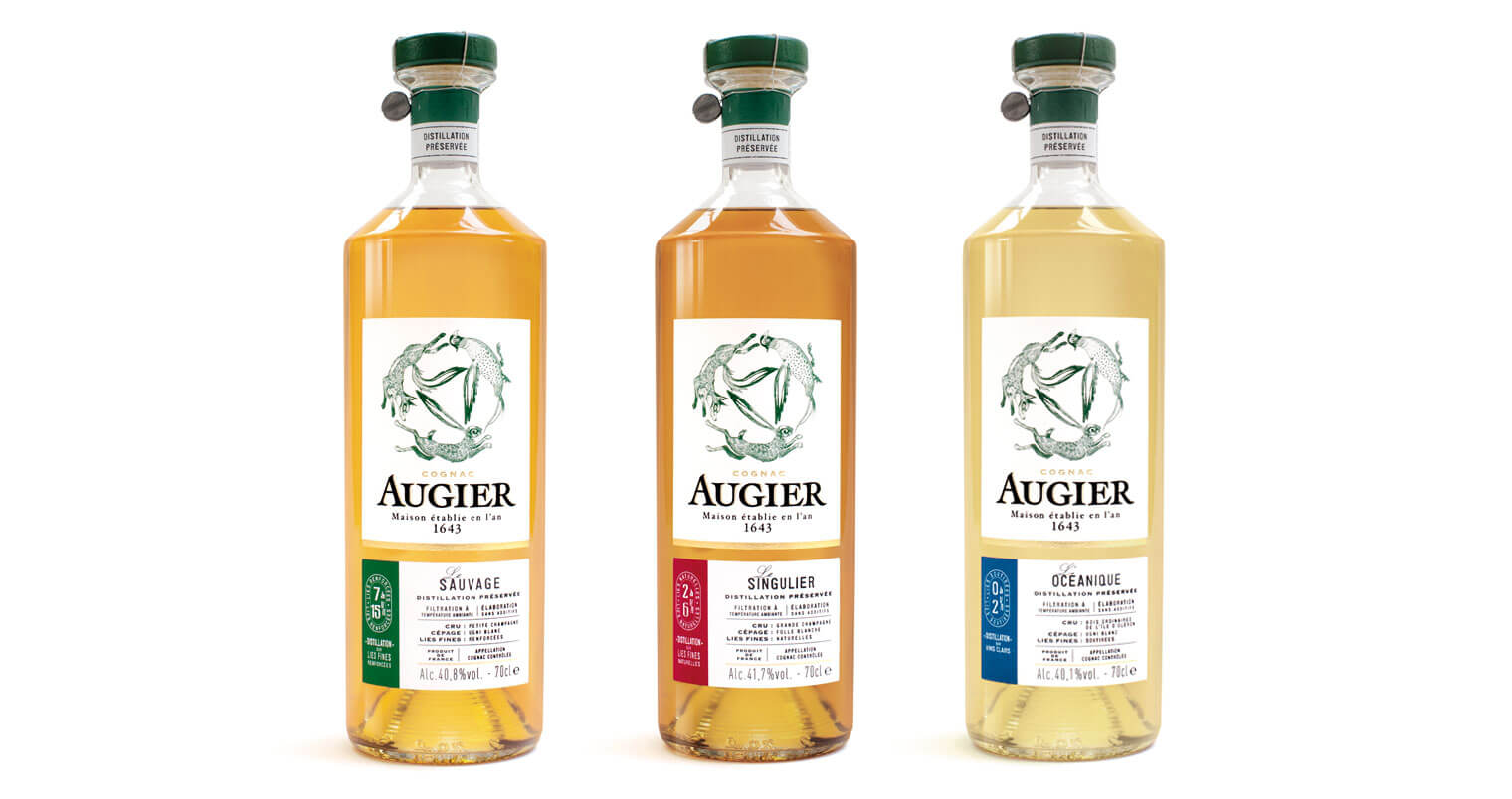 Maison Augier cognacs, bottles on white, featured image