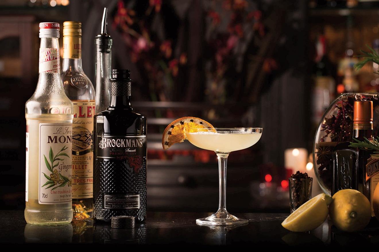 Autumn Reviver, brockmans bottle, garnishes and bar tools