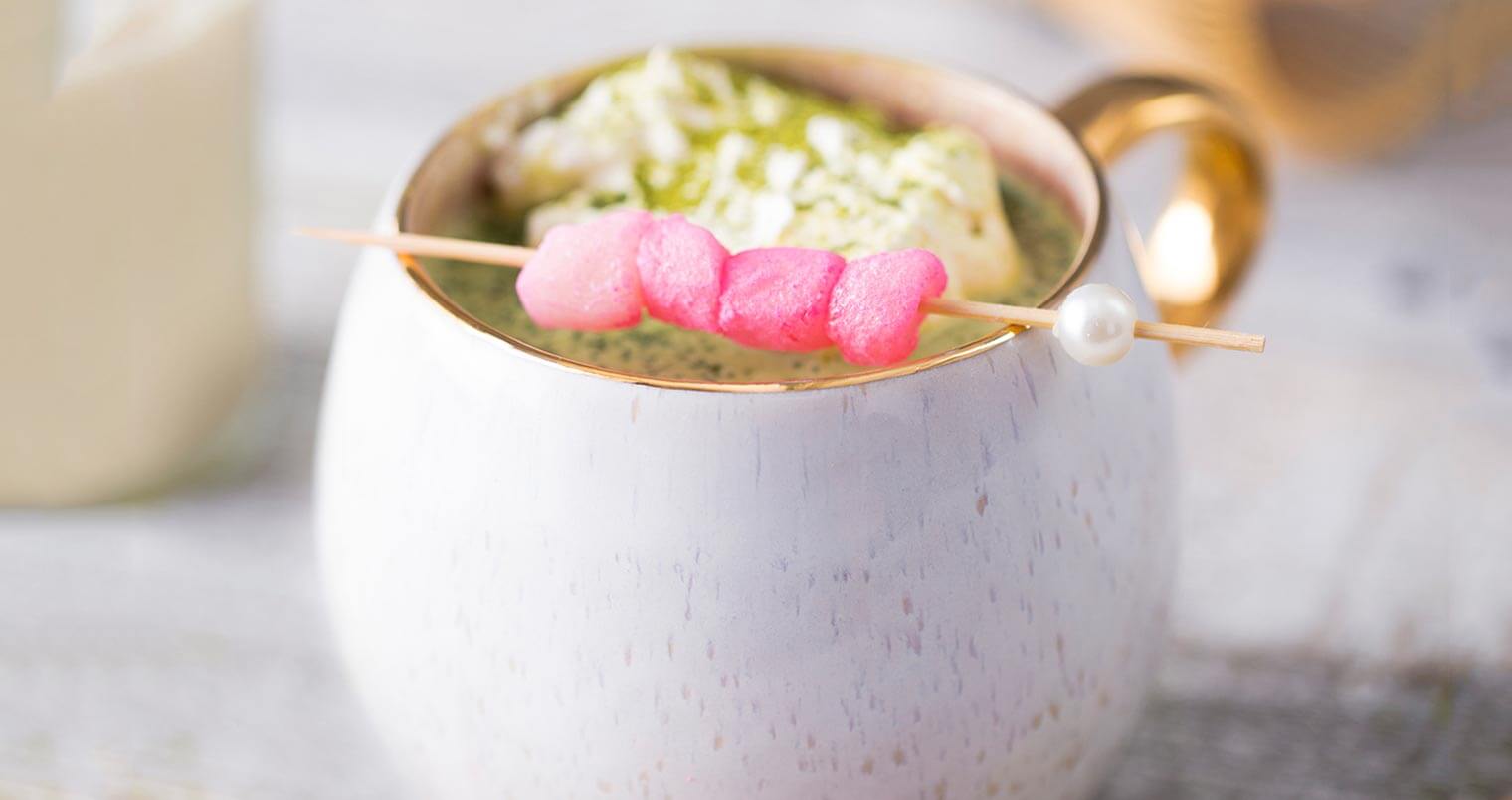 Matcha Hot Chocolate, in mug with marshmallow garnish, featured image