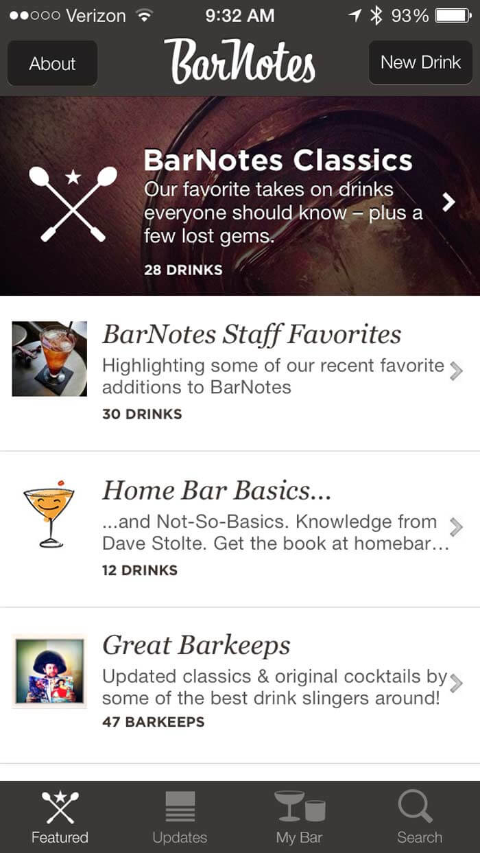 BarNotes App Homescreen