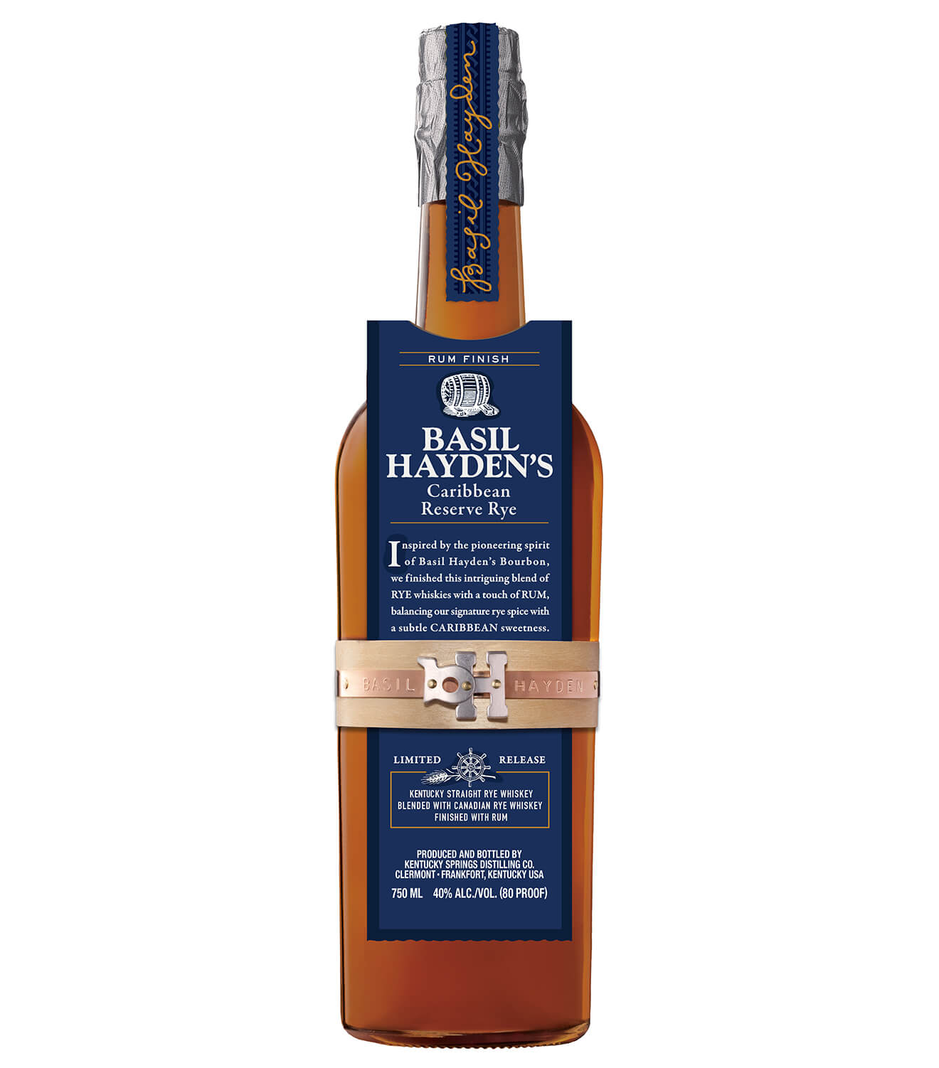 Basil Hayden’s Caribbean Reserve Rye, bottle on white