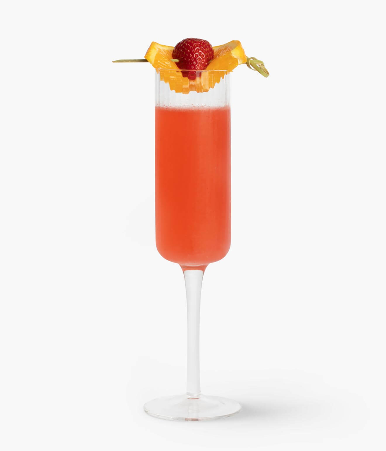 Beefeater Pink Mimosa, cocktail with garnishes on white