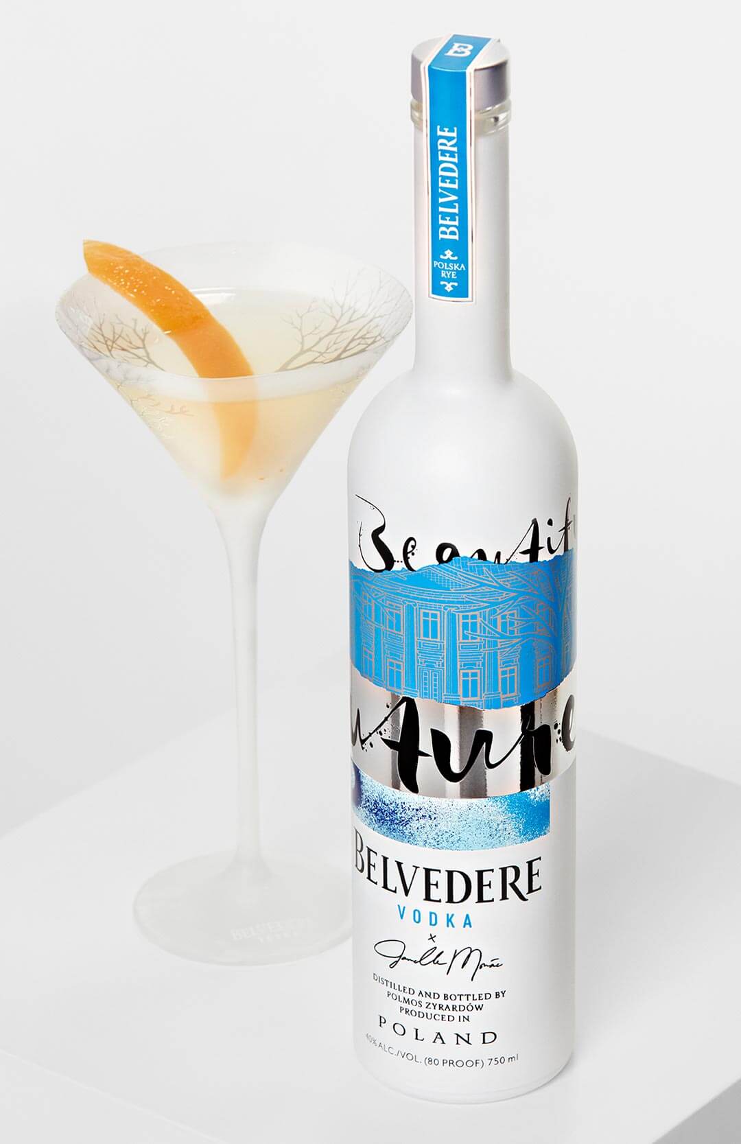 Belvedere “A Beautiful Future” Bottle and martini with garnish