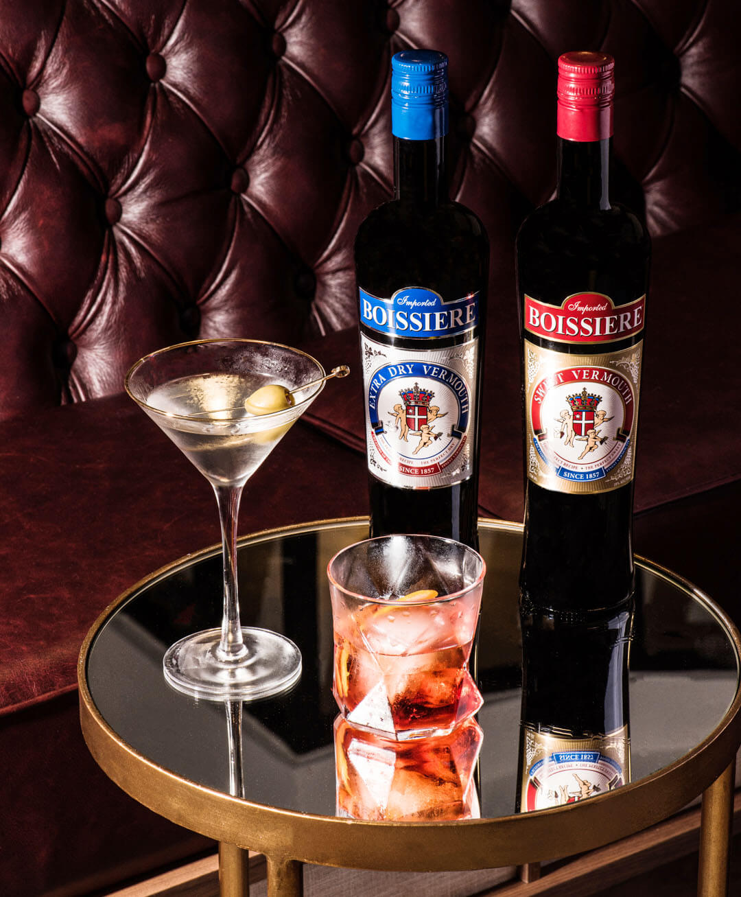 Boissiere Vermouth, martini, bottles on tray