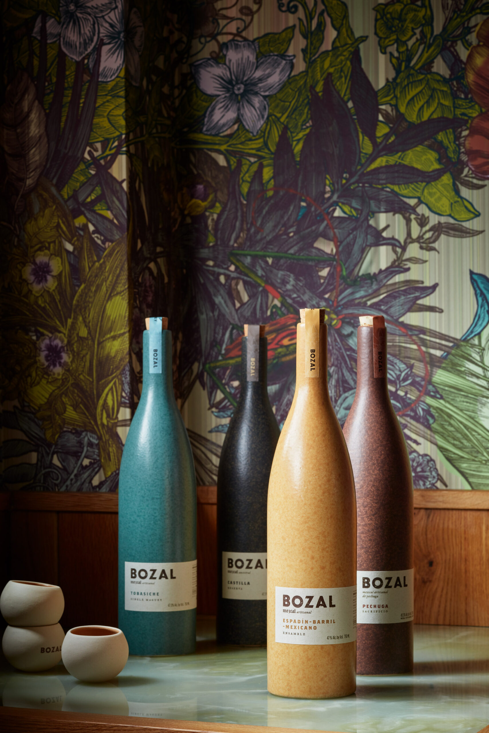 Bozal, bottles, patterned background