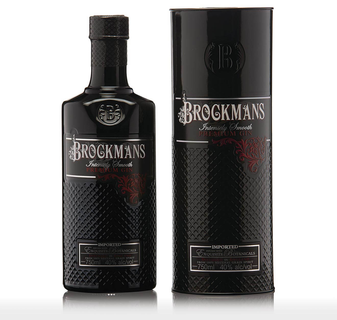 Brockmans Gin Holiday Gift Pack, bottle and package on white