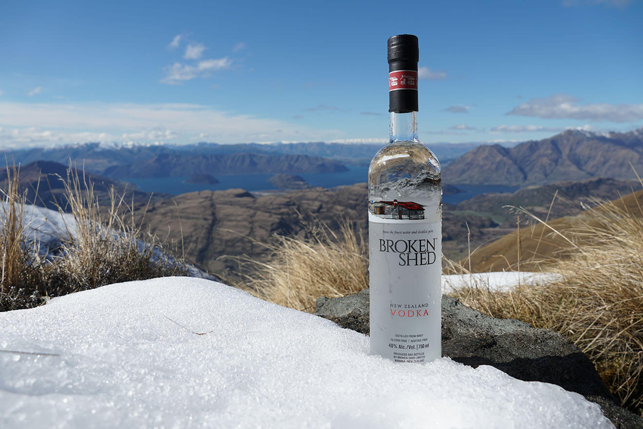 Broken Shed Vodka, bottle, mountain view