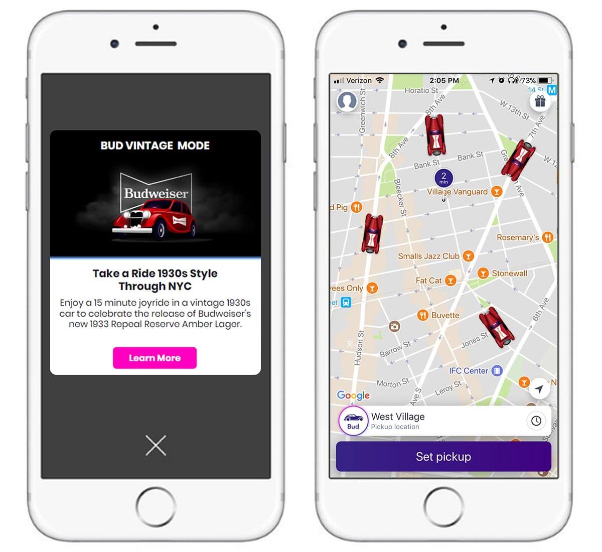 Bud Vintage Mode and Lyft, smartphone display screens