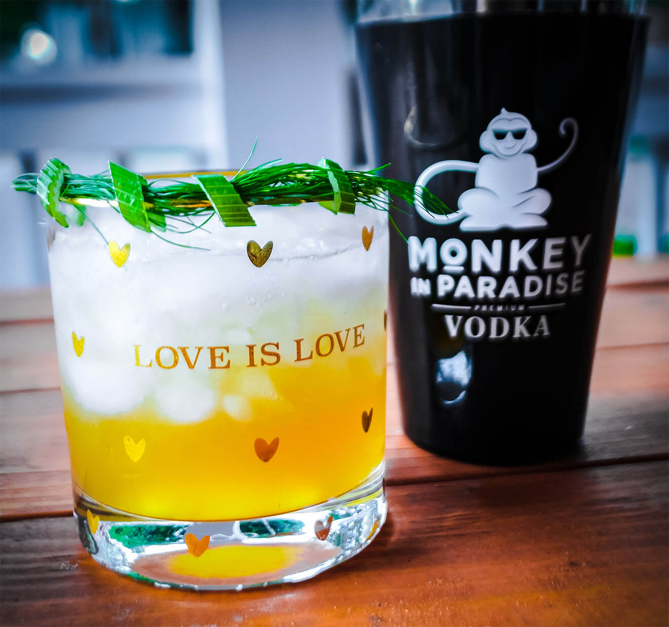 Butcher, Please cocktail with black monkey bottle