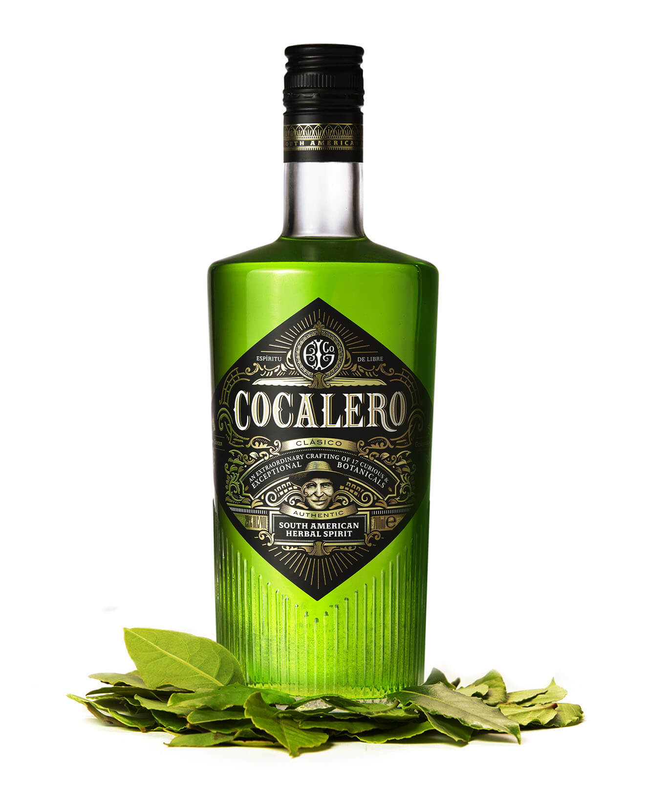 Cocalero bottle, leaves garnish