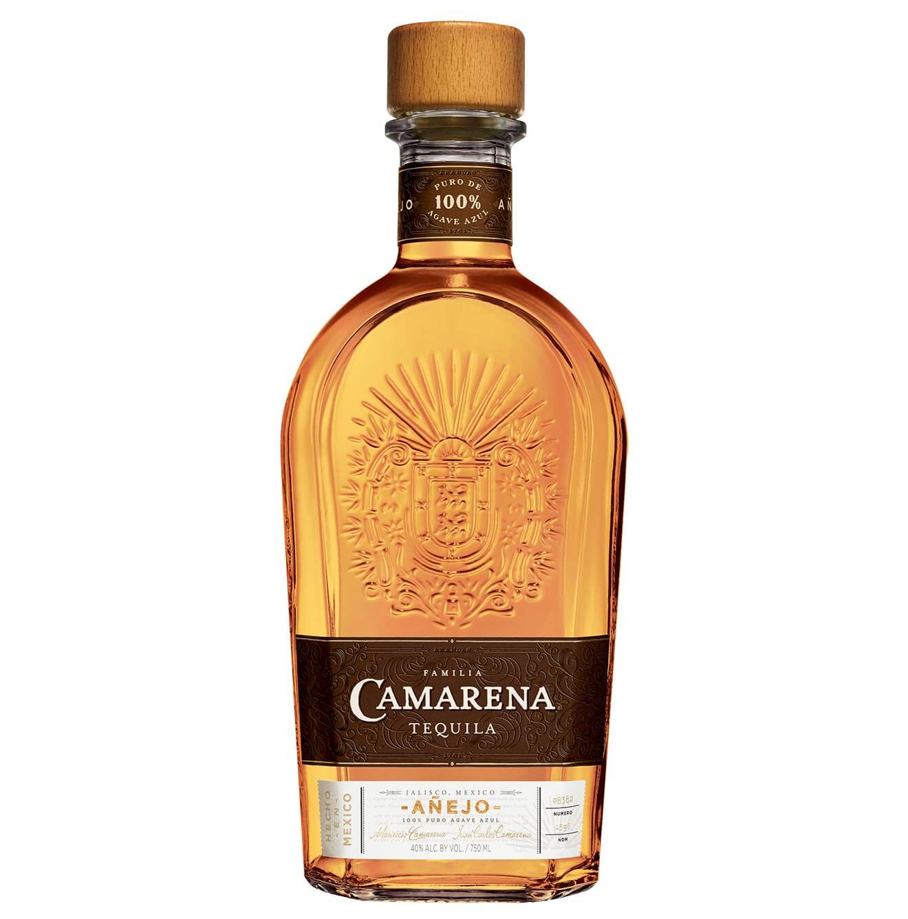 Camarena Añejo Tequila, bottle on white