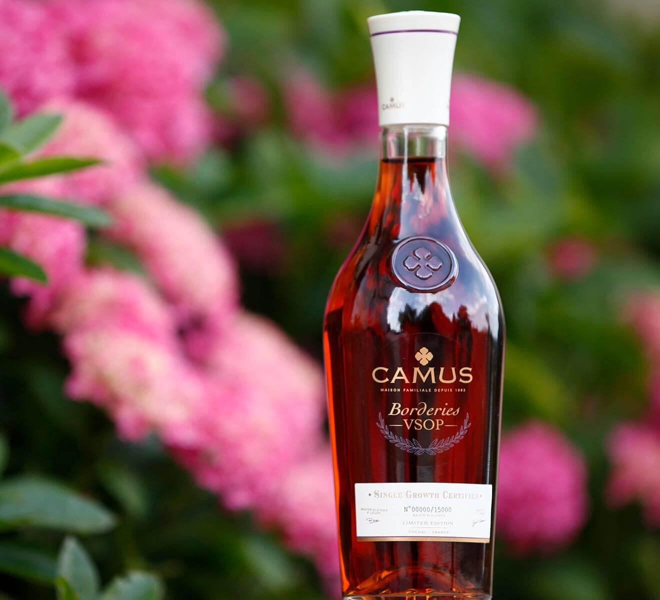 Camus Borderies VSOP bottle with garden background