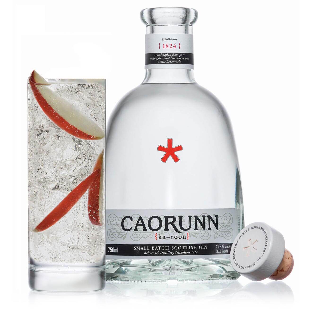 Caorunn + Tonic Perfect Serve, bottle and glass on white
