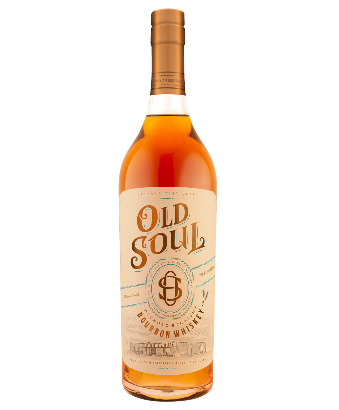 Cathead Old Soul Bourbon Whiskey, bottle on white