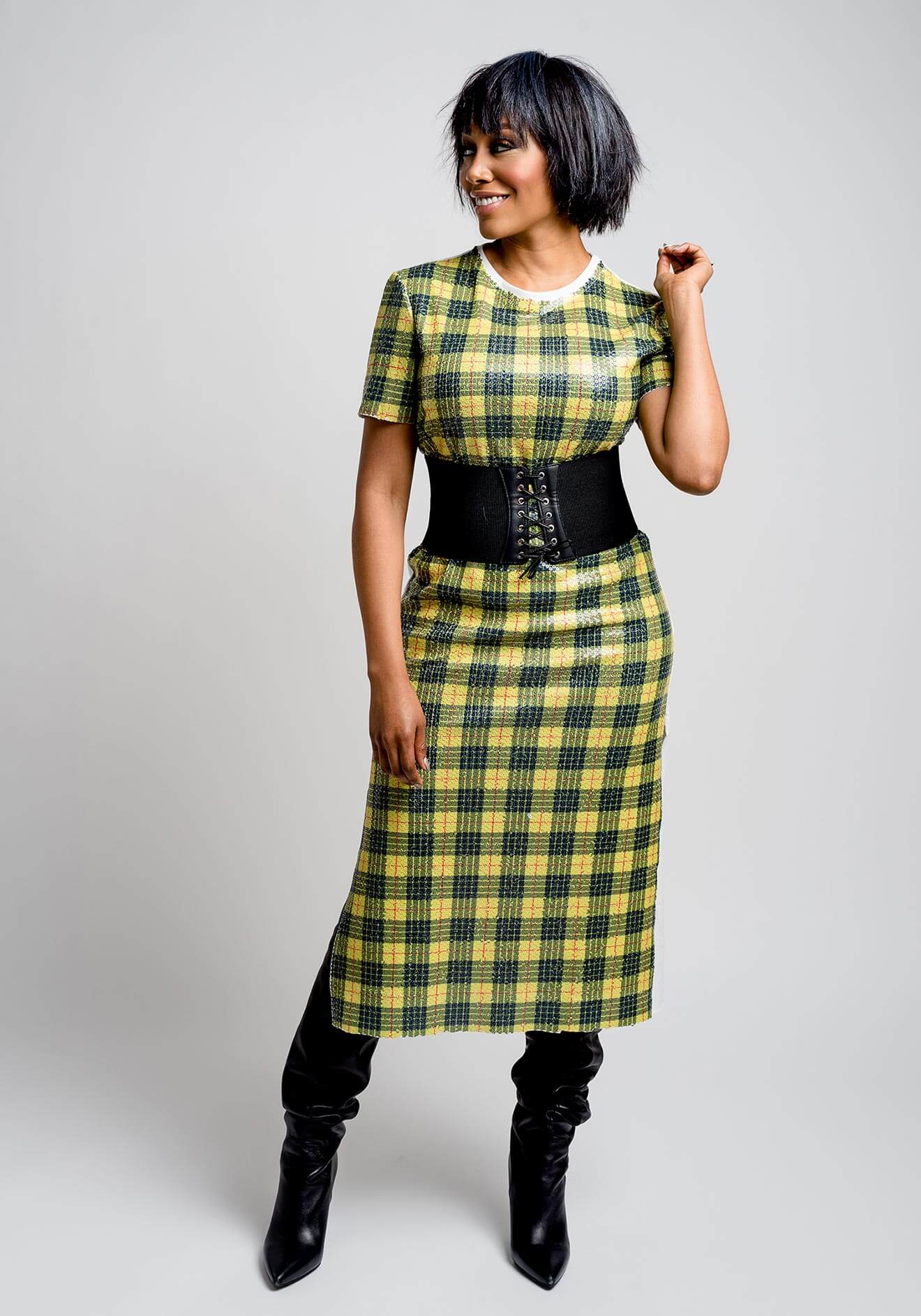Chillin' with Simone Missick, yellow plaid dress