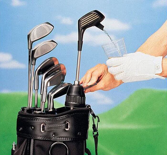 Club Champ Kooler Klub Drink Dispenser, clubs in golf bag, golfer pouring