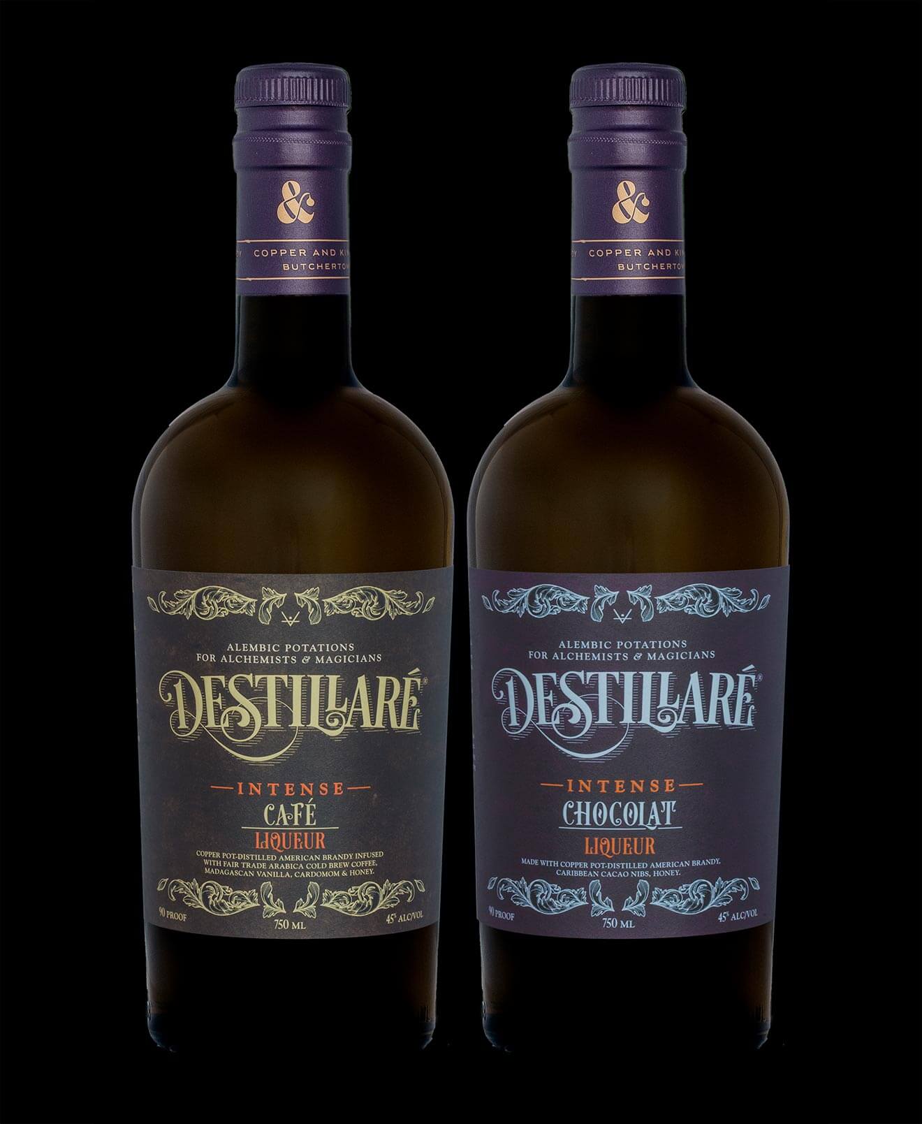 Copper & Kings Destillaré Intense Café and Destillaré Intense Chocolat Brandy, bottles on dark background
