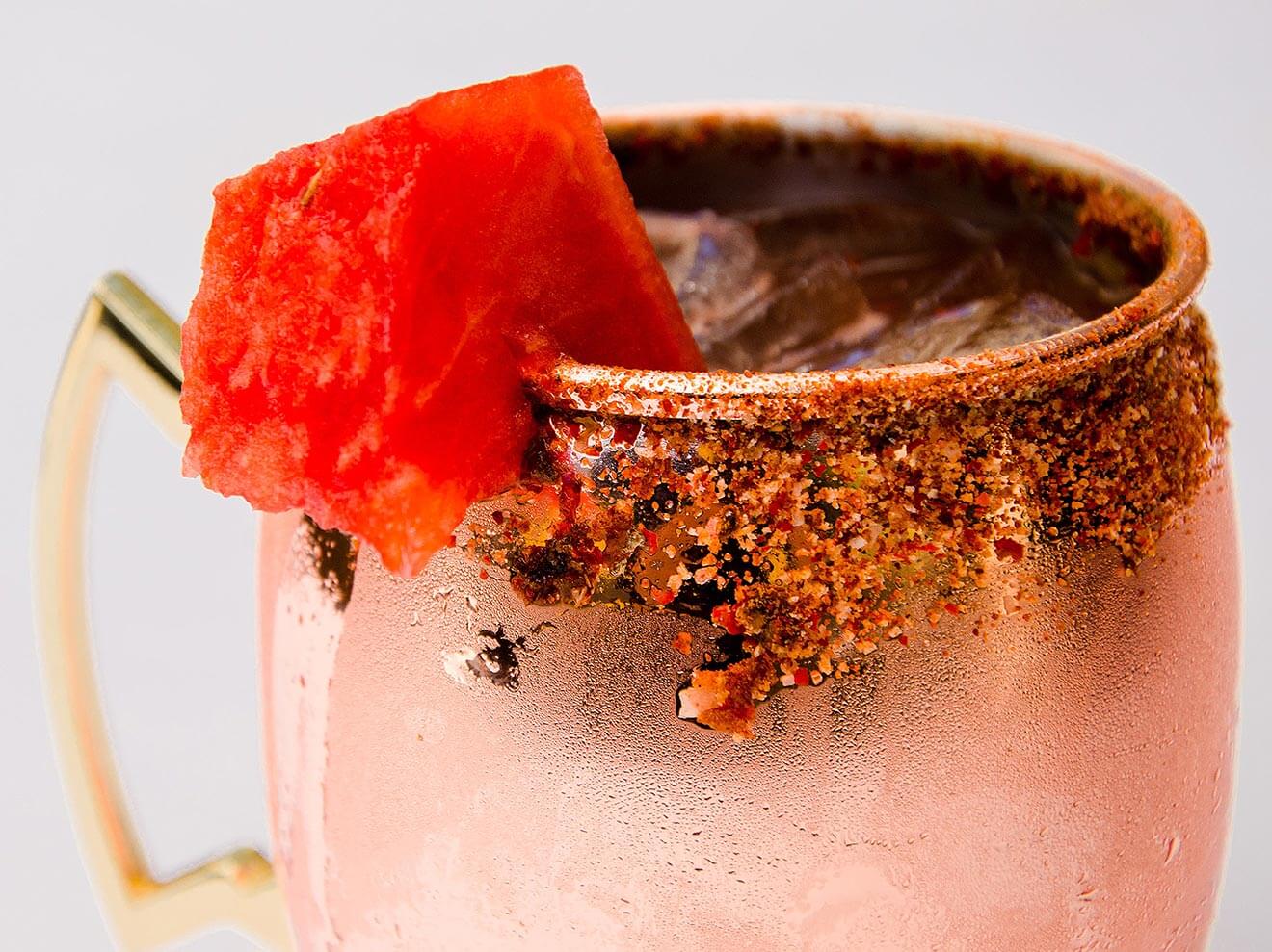 Copper Pot, cocktail in mule mug, watermelon garnish