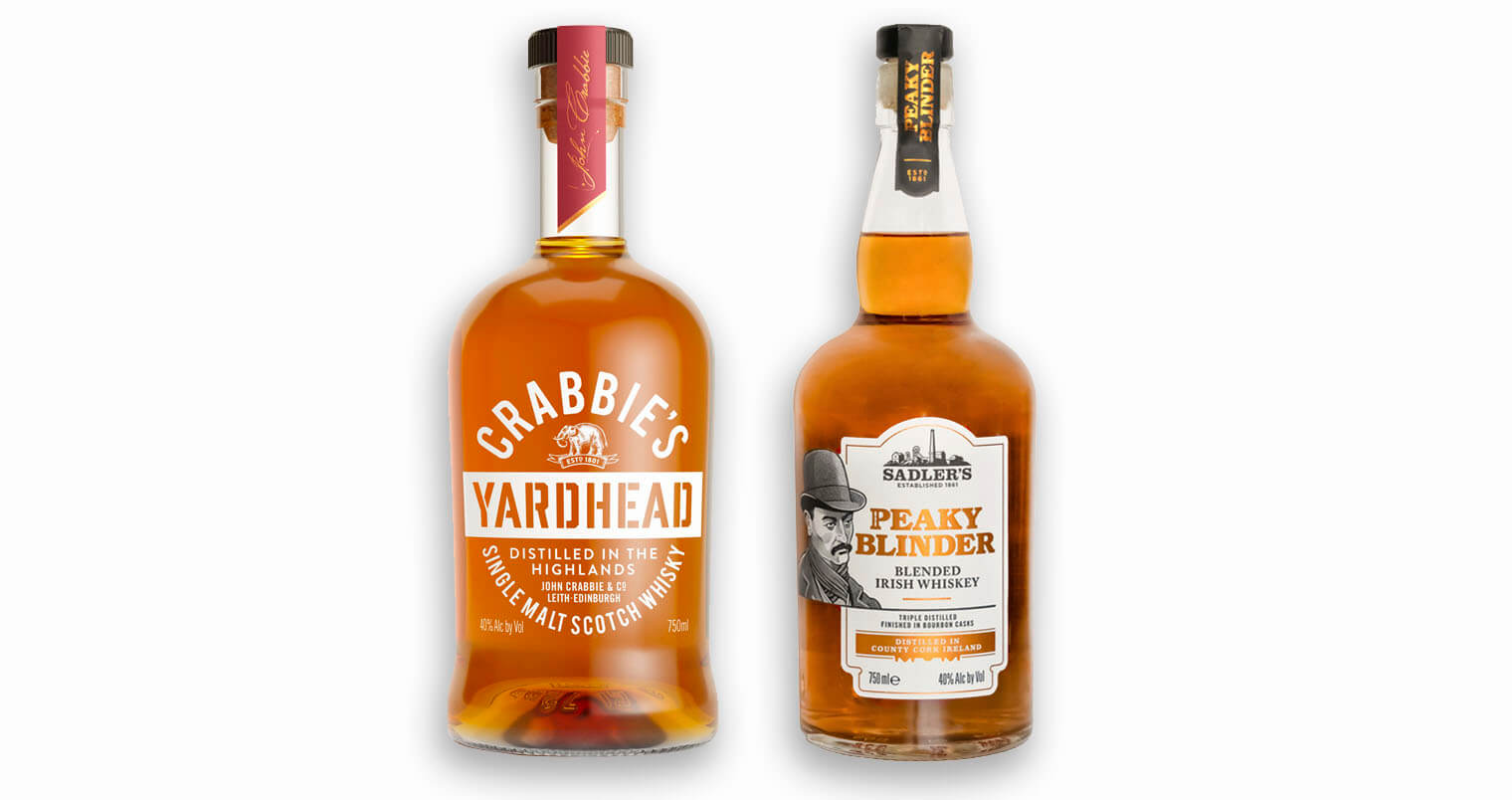 Crabbie’s Yardhead Single Malt Scotch Whisky and Peaky Blinder Irish Whiskey, bottles on white, featured image