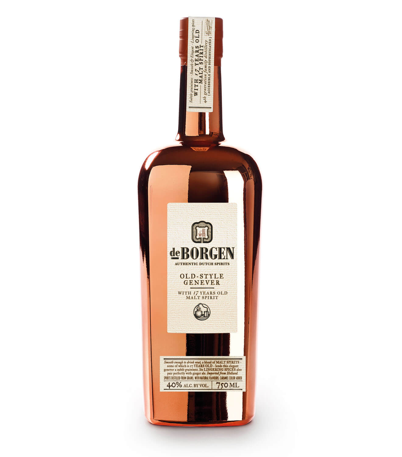 De Borgen Old-Style Genever, bottle on white