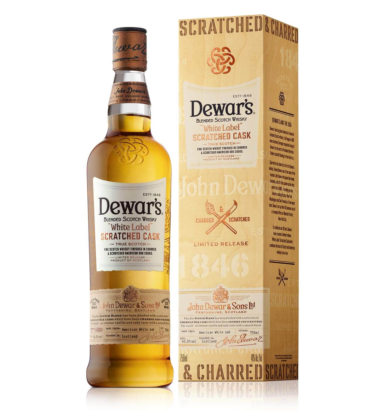 Dewar’s Scratched Cask, bottle and package on white