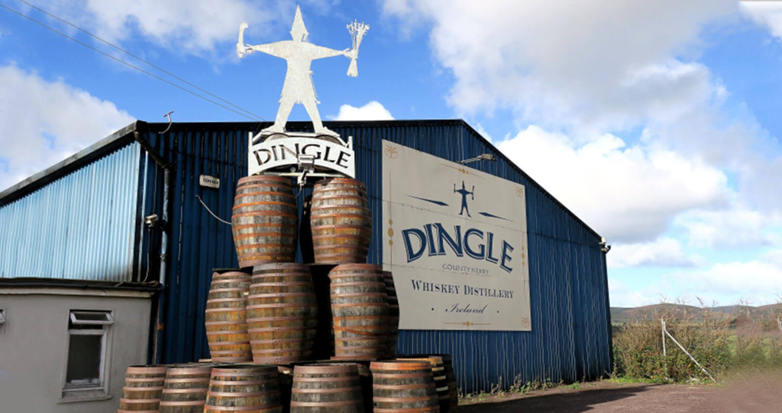 Dingle Distillery, front view, blue sky, featured image
