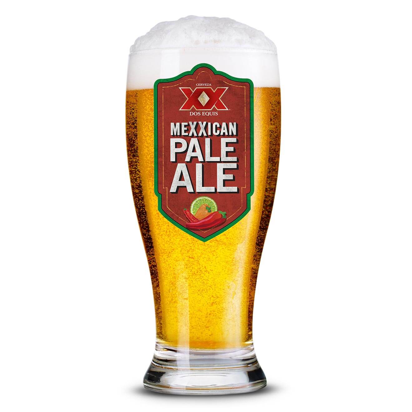 Dos Equis Mexican Pale Ale, glass on white