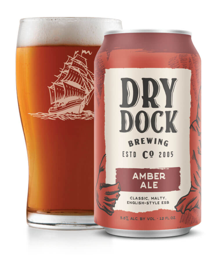 Dry Dock Amber Ale, glass and can, white background