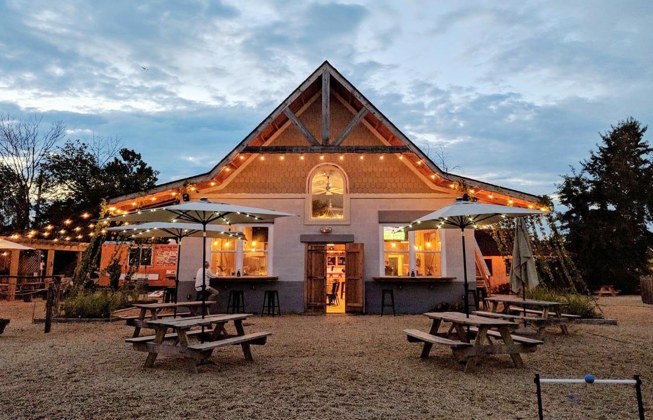 Eavesdrop Brewing, dusk view, front entrance