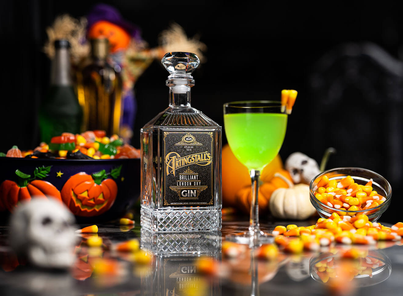 Ectoplasm Grimlet, cocktail, bottle and Halloween decor