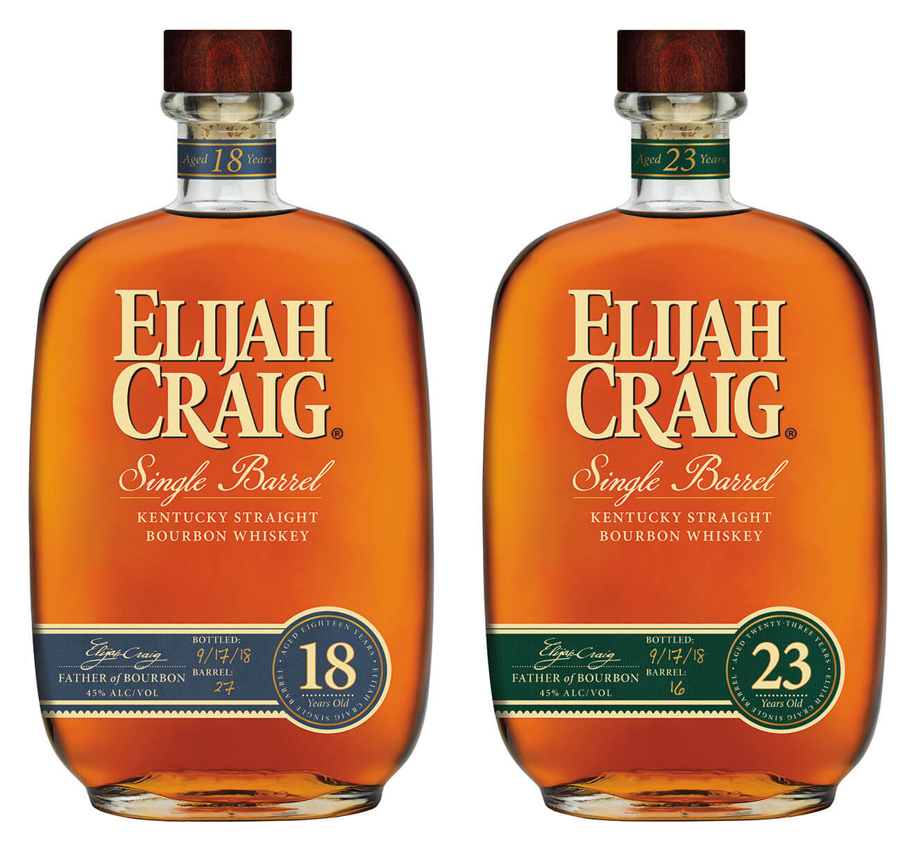 Elijah Craig 18-Year-Old and 23-Year-Old, bottles on white