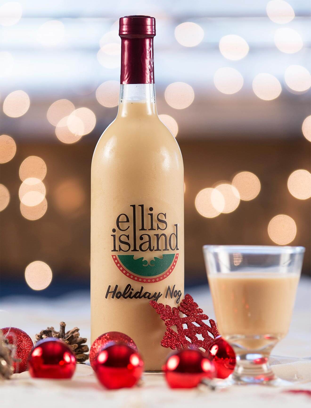 Ellis Island's Holiday Nog Now Available, holiday background, bottle and glass