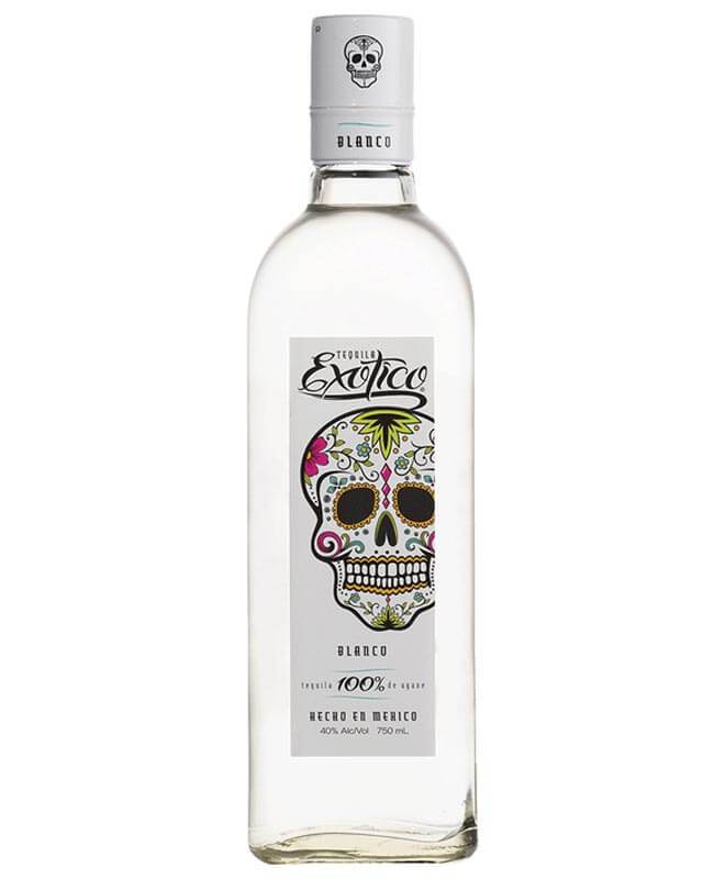 Exotico Blanco Tequila, bottle on white