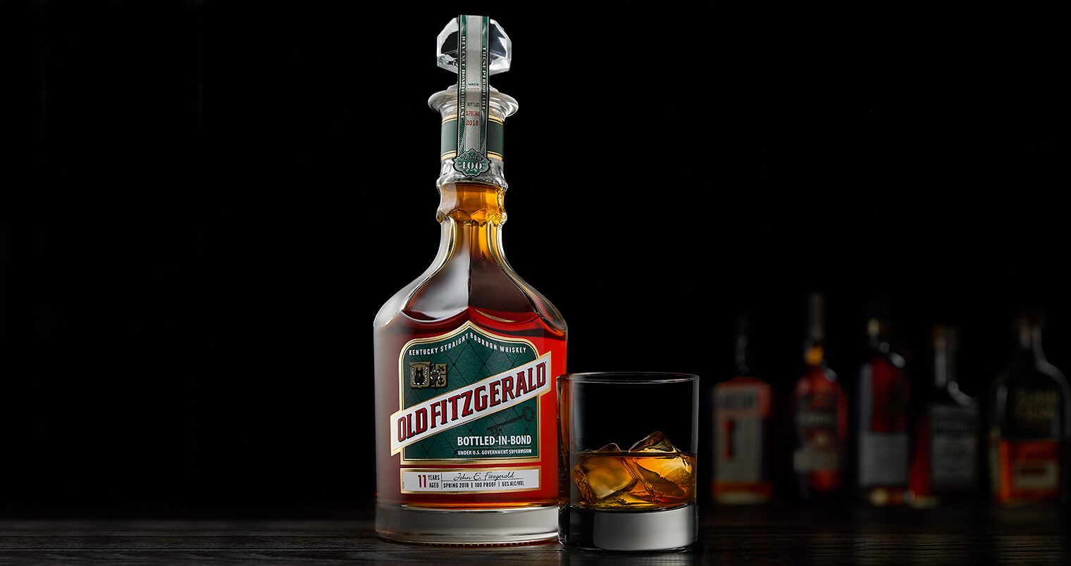 Fall 2018 Old Fitzgerald Bottled in Bond Series, bottle and glass on dark background, featured image