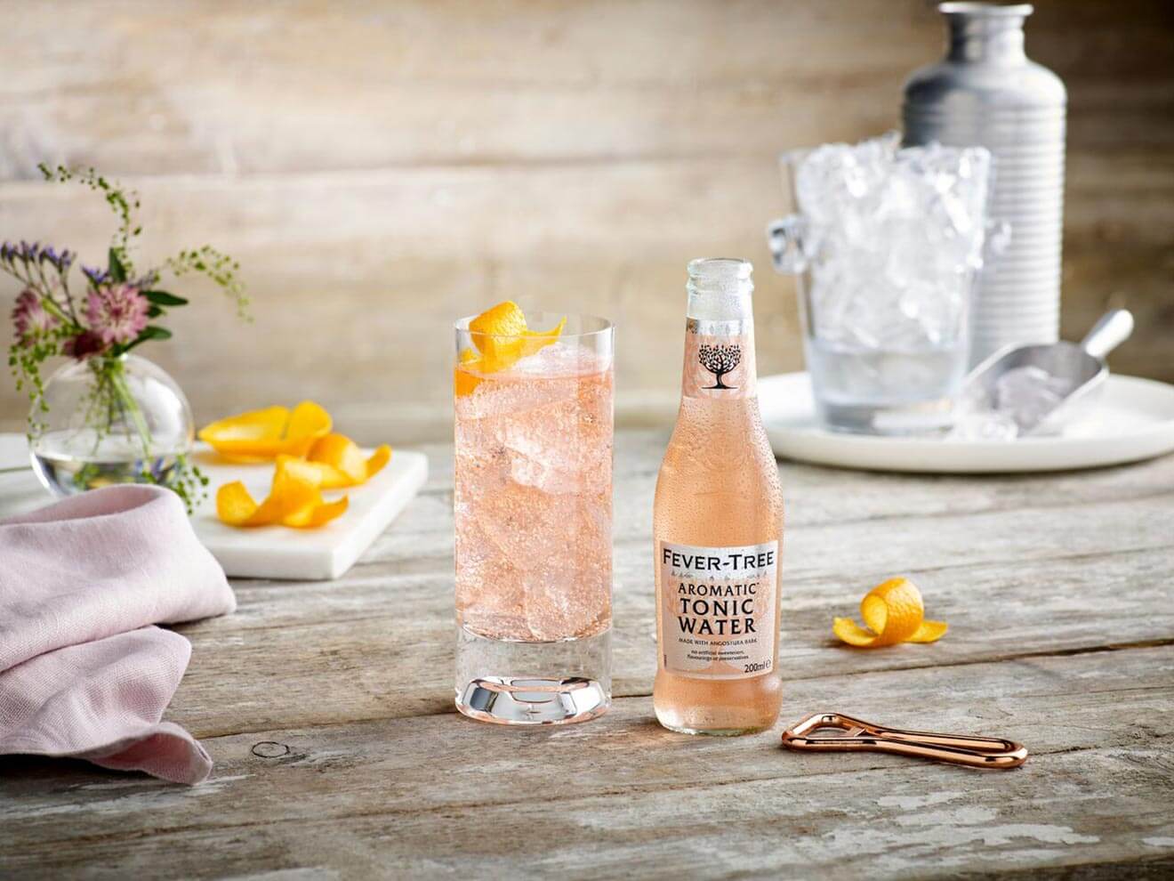 Fever Tree Pink Aromatic Tonic, bottle and glass with garnishes