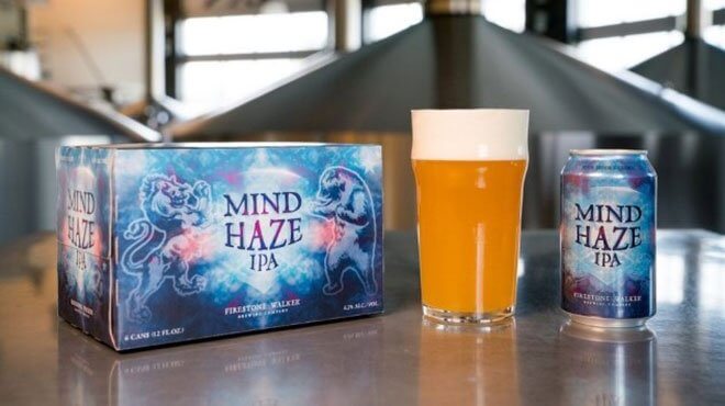 Firestone Walker Brewing Company Mind Haze IPA, can glass and packaging