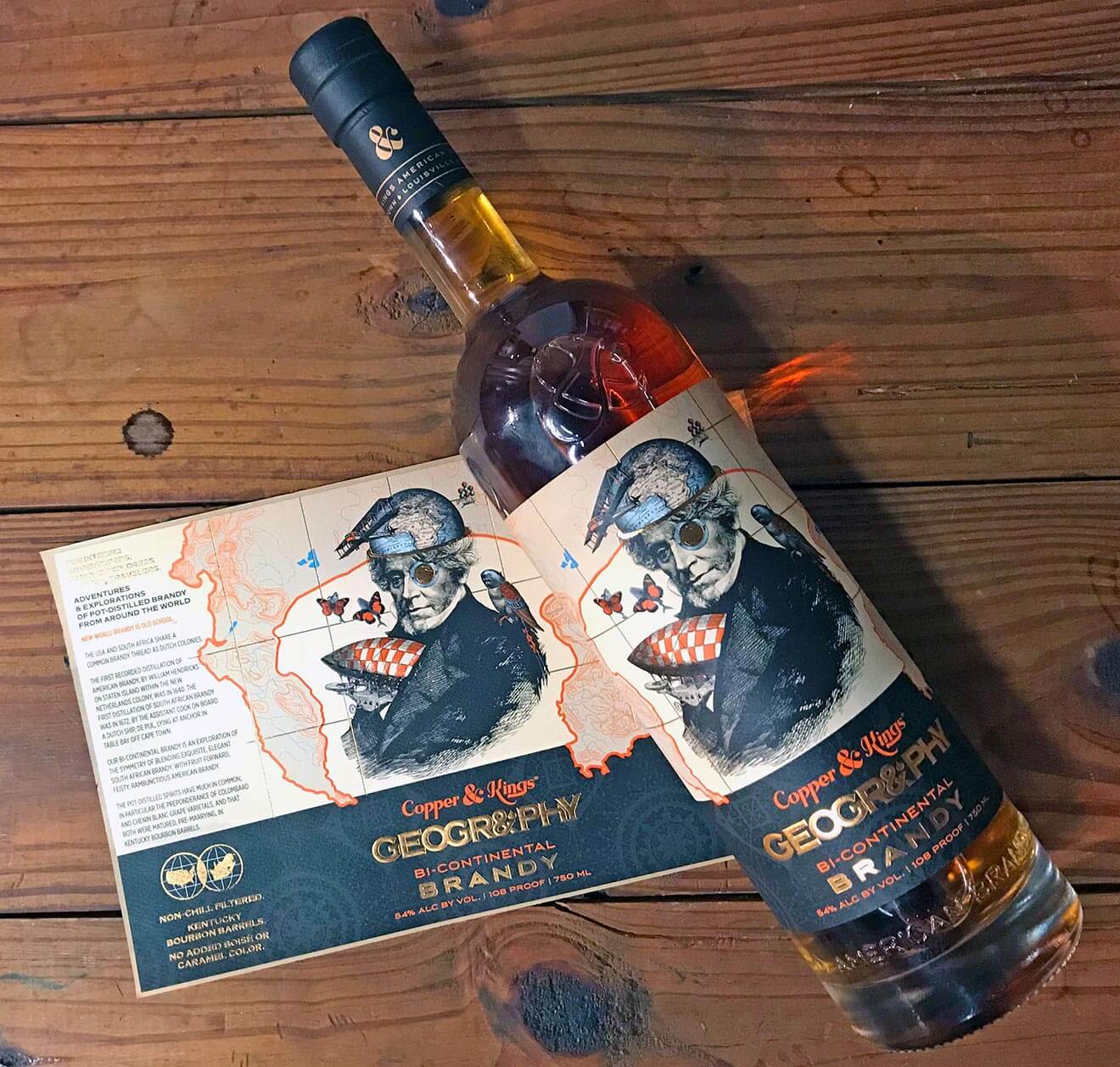 GEOGR&PHY Bi-Continental Brandewijn, bottle and label display