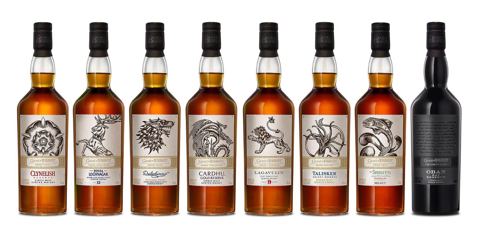 Game of Thrones Single Malt Scotch Whisky Collection, bottles on white