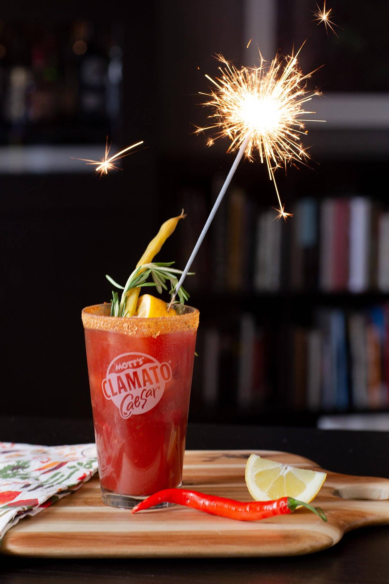 Dan Aykroyd’s Golden Caesar, cocktail with garnish, sparkler