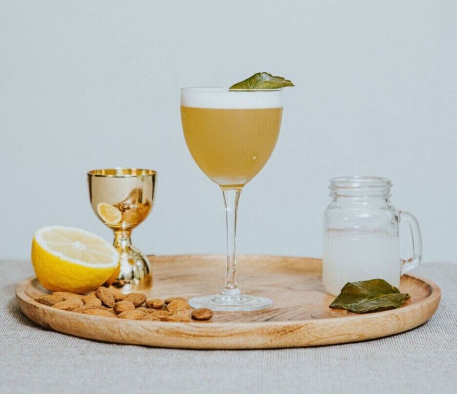 Green Mary, cocktail on tray, garnishes