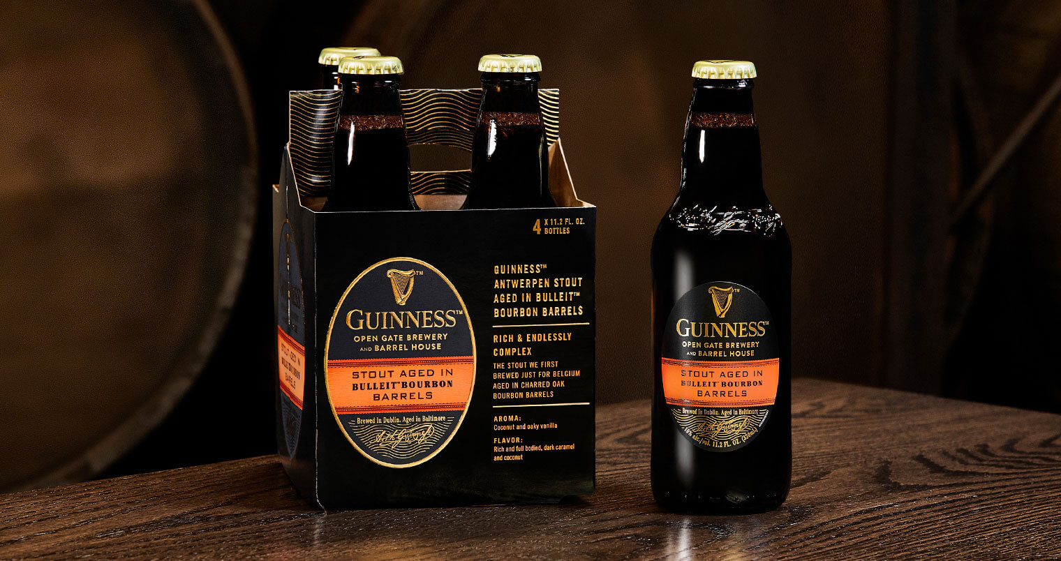 Guinness Barrel-Aged Beer Aged in Bulleit Bourbon Barrels, bottles and package, featured image