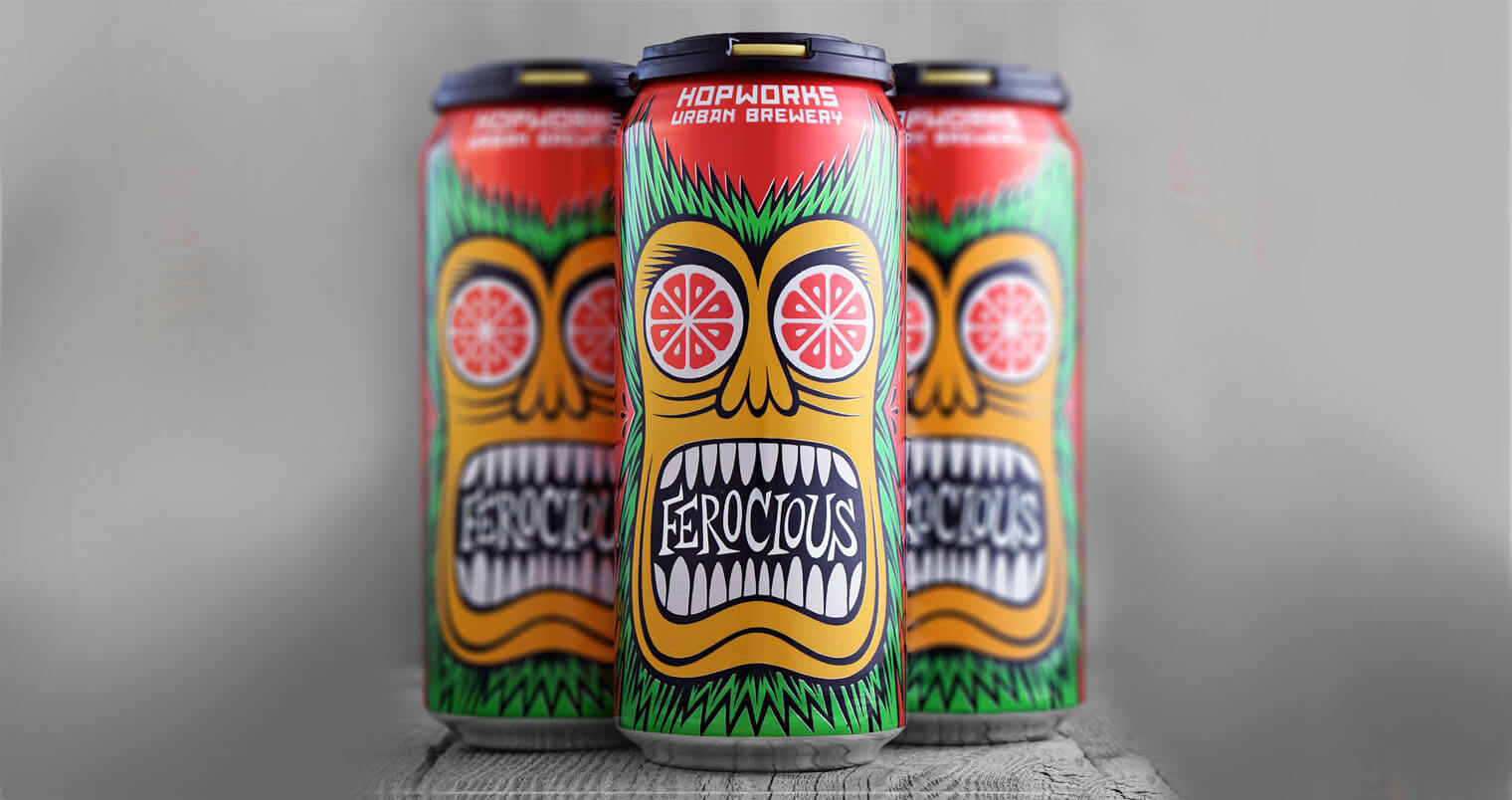 Hopworks Urban Brewery Ferocious Citrus Blood Orange IPA, cans on grey background, featured image