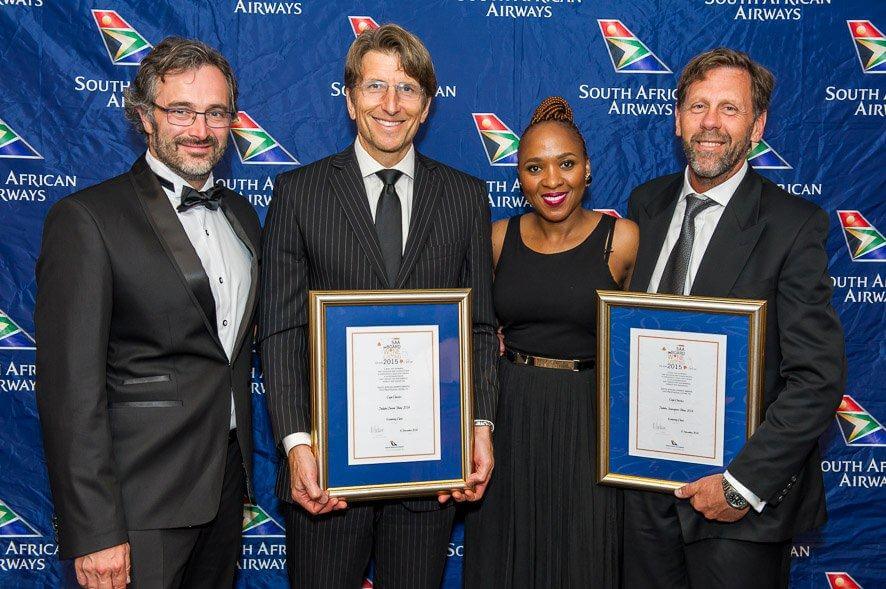 From left: Sylvain Bosc, Chief Commercial Officer of South African Airlines, Andre Shearer, Chairman & CEO of Cape Classics, Bongi Sodladla, Global Food and Beverage Manager at South African Airlines & Nico Redelinghuys, Cape Classics General Manager at this year's SAA Wine Awards.